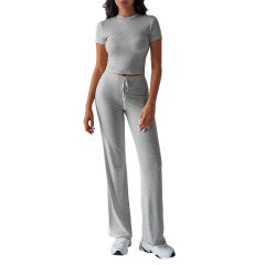 Gray Short Sleeve Top and Drawstring Pant Lounge Set