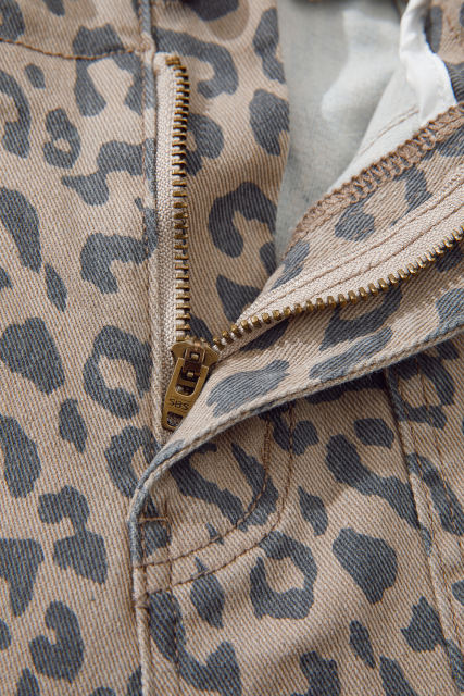 Khaki Leopard Printed Drawstring Waist Pocketed Wide Leg Jeans