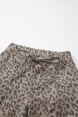 Khaki Leopard Printed Drawstring Waist Pocketed Wide Leg Jeans