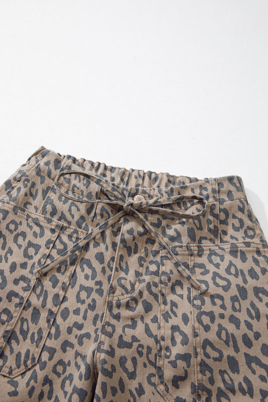 Khaki Leopard Printed Drawstring Waist Pocketed Wide Leg Jeans