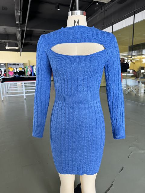 Blue Cut-out Crewneck Cable Knit Bodyson Sweater Dress