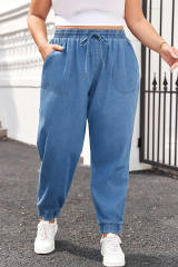 Dusk Blue Drawstring Waist Pocketed Plus Size Denim Joggers