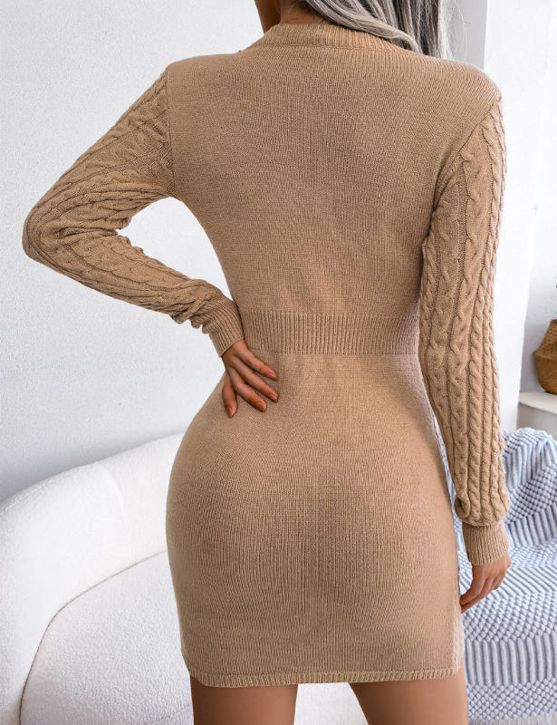Khaki Cut-out Crewneck Cable Knit Bodyson Sweater Dress