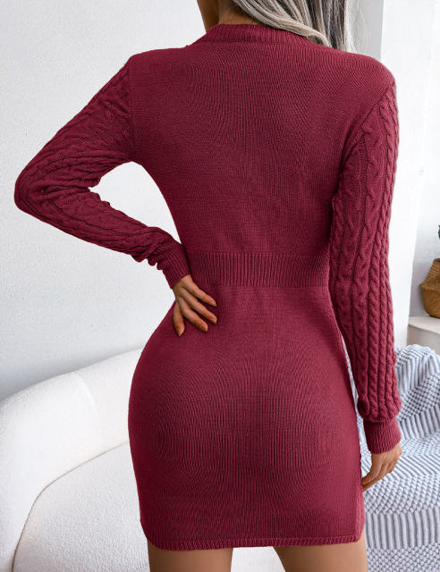 Burgundy Cut-out Crewneck Cable Knit Bodyson Sweater Dress