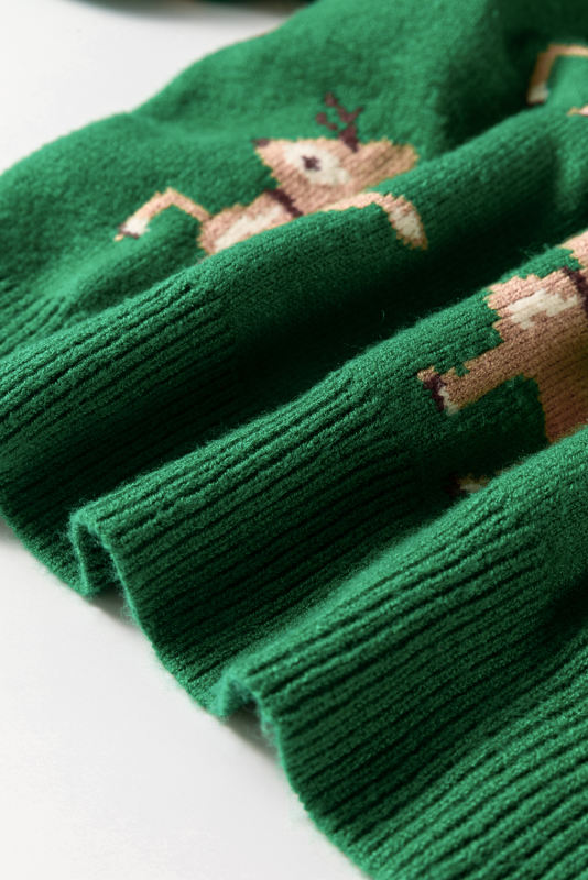 Dark Green Christmas Reindeer Pattern Drop Shoulder Sweater
