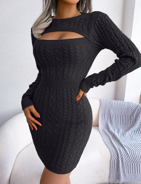 Black Cut-out Crewneck Cable Knit Bodyson Sweater Dress