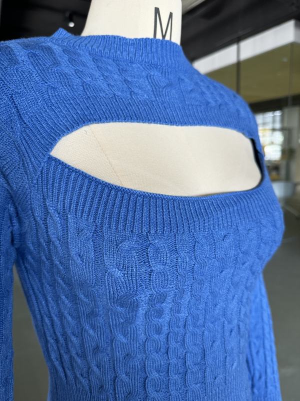 Blue Cut-out Crewneck Cable Knit Bodyson Sweater Dress