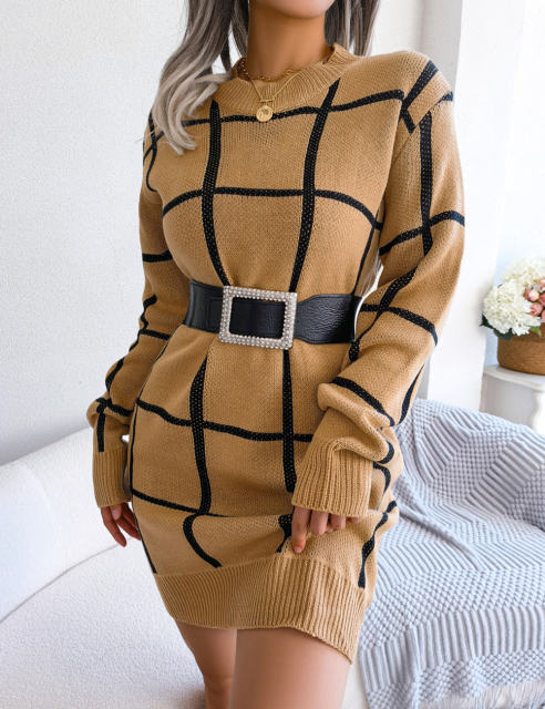Khaki Checkered Print Round Neck Sweater Dress