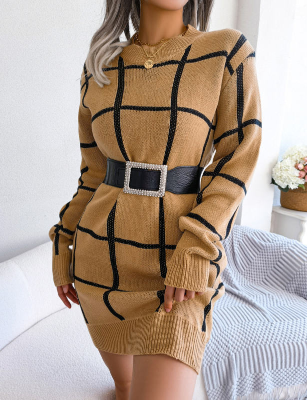 Khaki Checkered Print Round Neck Sweater Dress
