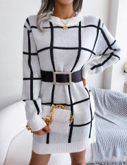 White Checkered Print Round Neck Sweater Dress