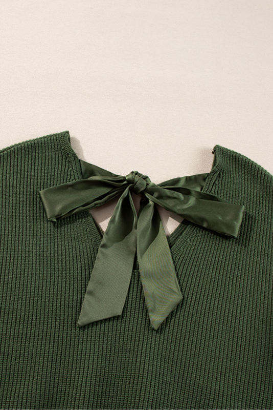 Jungle Green Lantern Sleeve V Neck Knot Back Sweater