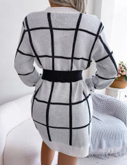 White Checkered Print Round Neck Sweater Dress