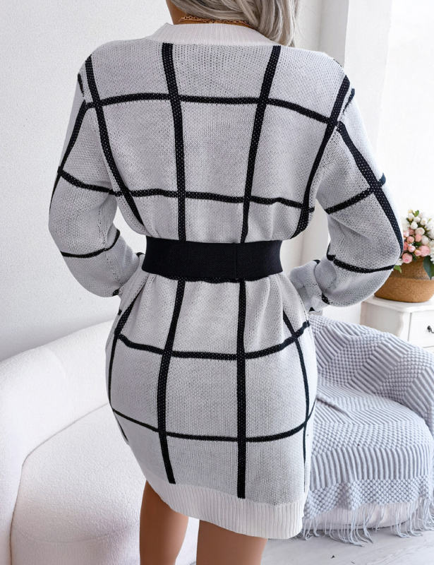 White Checkered Print Round Neck Sweater Dress