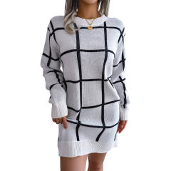 White Checkered Print Round Neck Sweater Dress