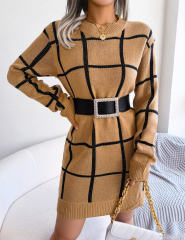 Khaki Checkered Print Round Neck Sweater Dress