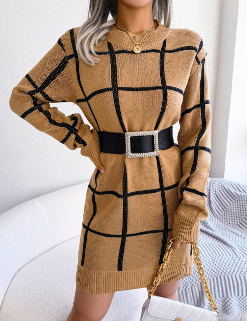 Khaki Checkered Print Round Neck Sweater Dress