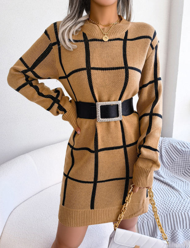 Khaki Checkered Print Round Neck Sweater Dress