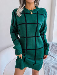 Green Checkered Print Round Neck Sweater Dress