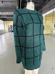 Green Checkered Print Round Neck Sweater Dress