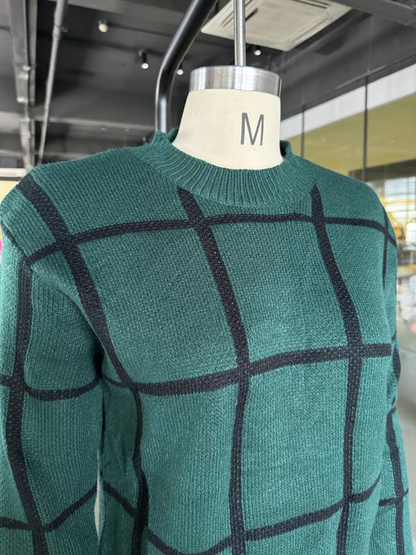 Green Checkered Print Round Neck Sweater Dress