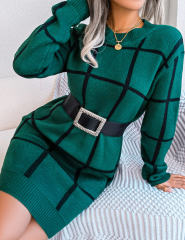 Green Checkered Print Round Neck Sweater Dress