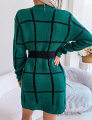 Green Checkered Print Round Neck Sweater Dress