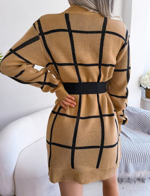 Khaki Checkered Print Round Neck Sweater Dress