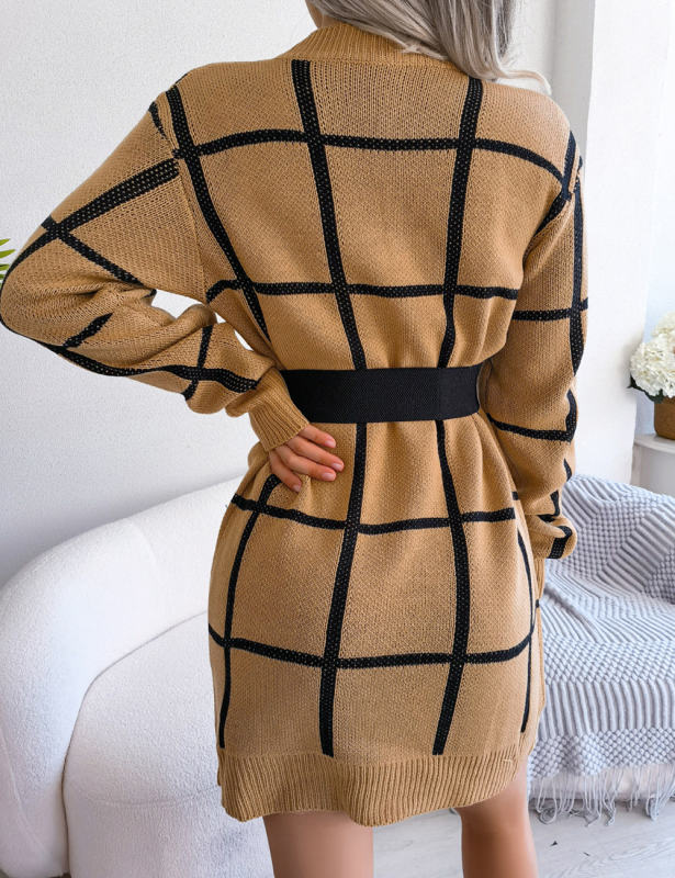 Khaki Checkered Print Round Neck Sweater Dress