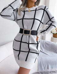 White Checkered Print Round Neck Sweater Dress