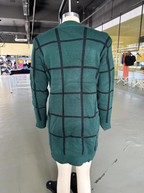 Green Checkered Print Round Neck Sweater Dress