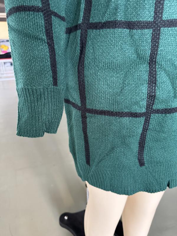 Green Checkered Print Round Neck Sweater Dress