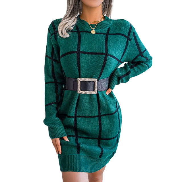 Green Checkered Print Round Neck Sweater Dress
