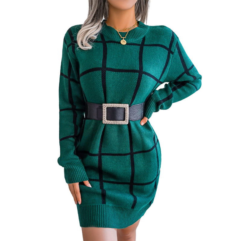 Green Checkered Print Round Neck Sweater Dress
