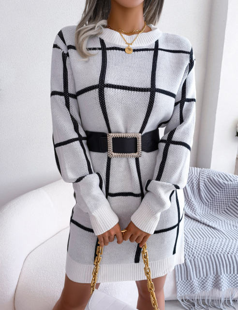 White Checkered Print Round Neck Sweater Dress