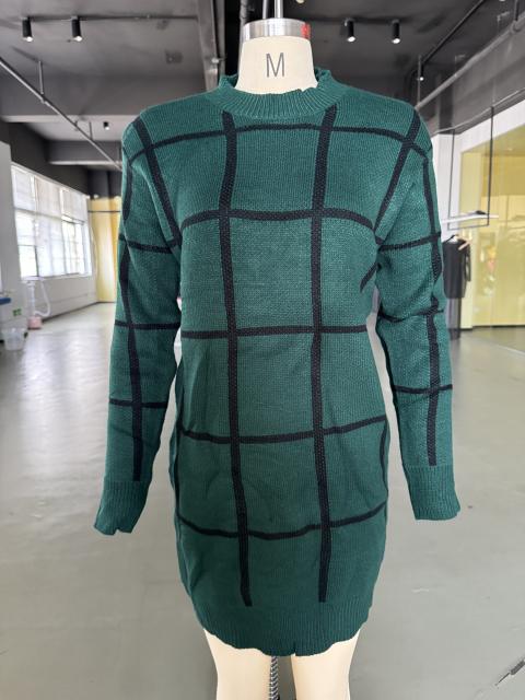 Green Checkered Print Round Neck Sweater Dress