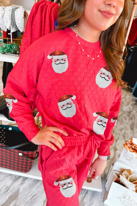 Strawberry Pink Sequin Father Christmas Patched Casual Textured 2pcs Pants Set