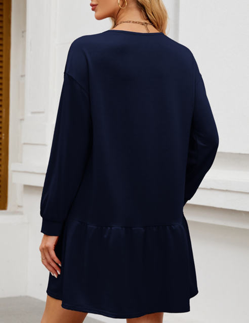 Dark Blue Round Neck Long Sleeve Sweatshirt Dress