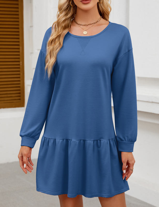 Blue Round Neck Long Sleeve Sweatshirt Dress