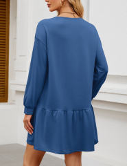 Blue Round Neck Long Sleeve Sweatshirt Dress