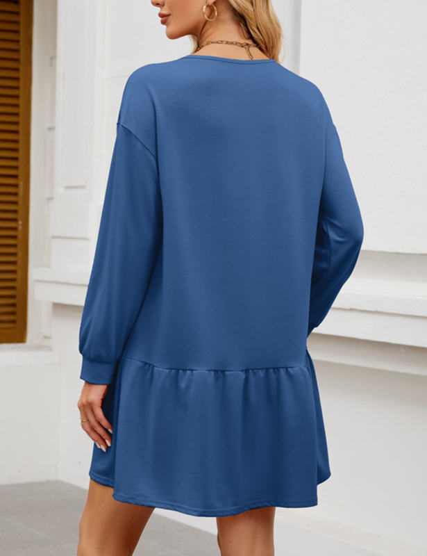 Blue Round Neck Long Sleeve Sweatshirt Dress