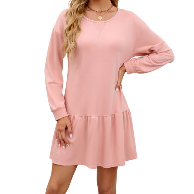 Pink Round Neck Long Sleeve Sweatshirt Dress