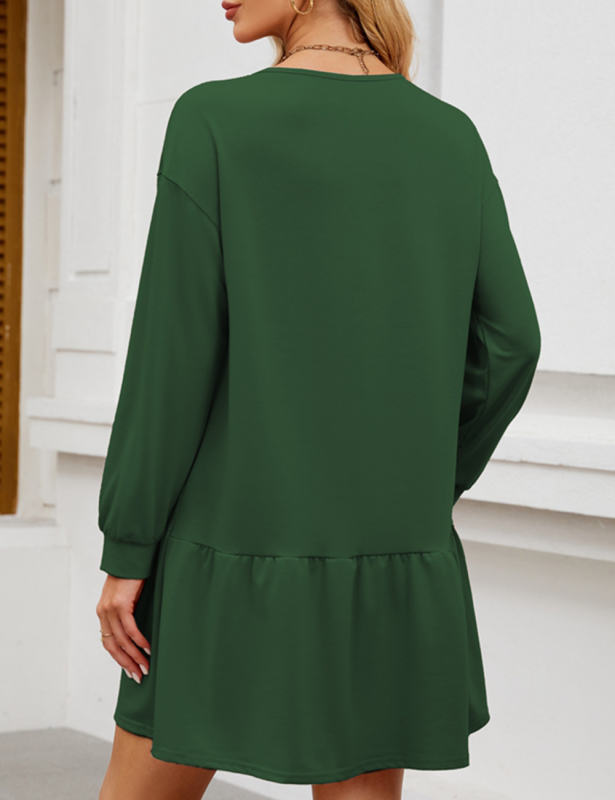 Dark Green Round Neck Long Sleeve Sweatshirt Dress
