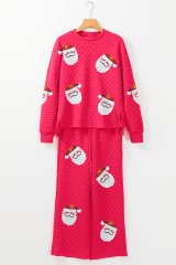 Strawberry Pink Sequin Father Christmas Patched Casual Textured 2pcs Pants Set