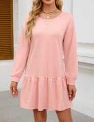 Pink Round Neck Long Sleeve Sweatshirt Dress