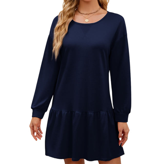 Dark Blue Round Neck Long Sleeve Sweatshirt Dress