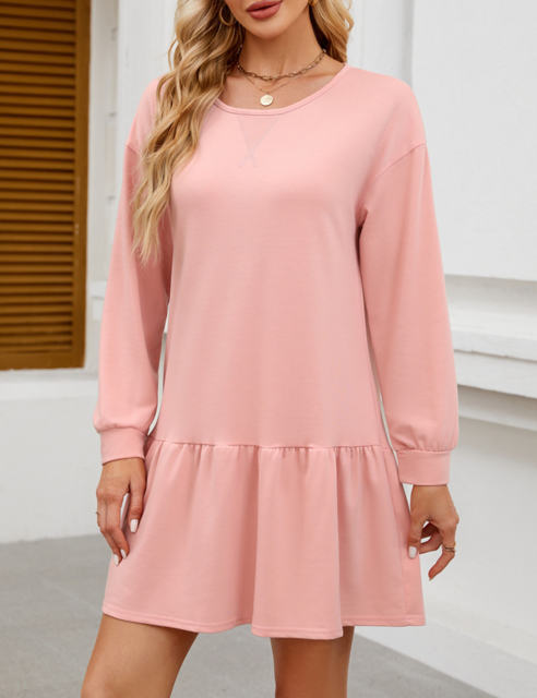 Pink Round Neck Long Sleeve Sweatshirt Dress