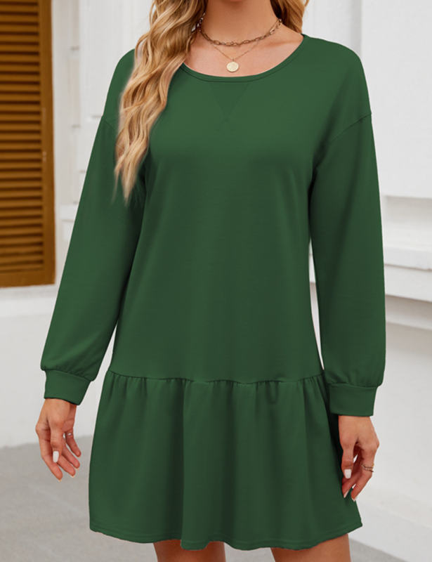 Dark Green Round Neck Long Sleeve Sweatshirt Dress