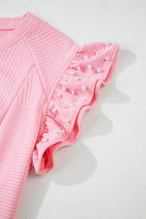 Pink Textured Pearled Ruffled Sleeve Wide Leg Pants Set