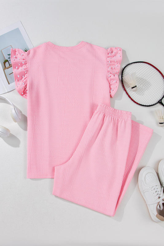 Pink Textured Pearled Ruffled Sleeve Wide Leg Pants Set