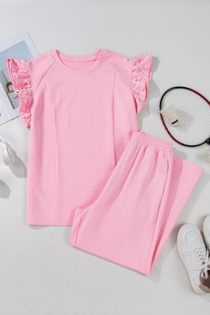 Pink Textured Pearled Ruffled Sleeve Wide Leg Pants Set